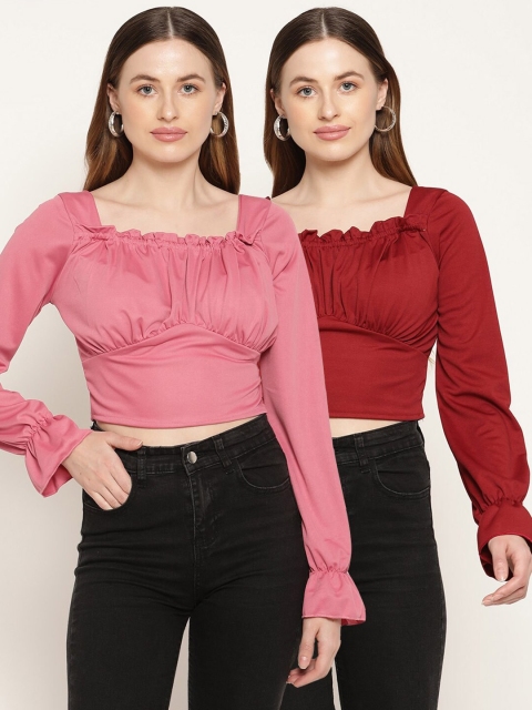 

Miaz Lifestyle Women Pack of 2 Pink & Maroon Solid Empire Crop Top