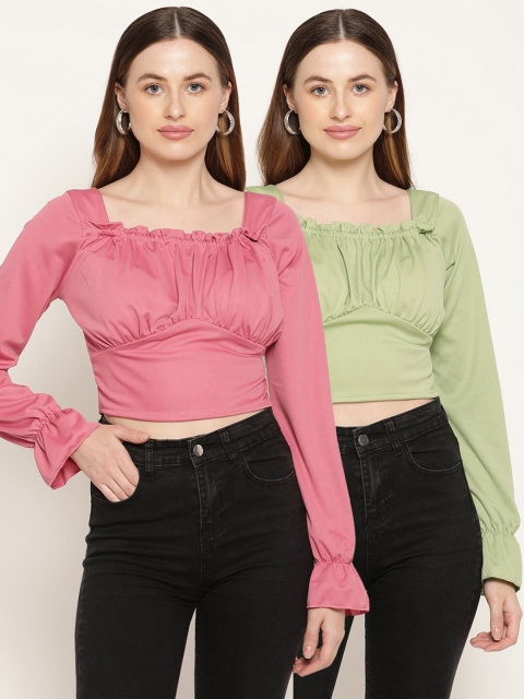

Miaz Lifestyle Pack of 2 Pink & Olive Green Square Neck Bell Sleeves Crop Top