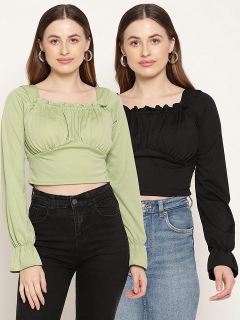 

Miaz Lifestyle Black & Green Bishop Sleeves Crop Top