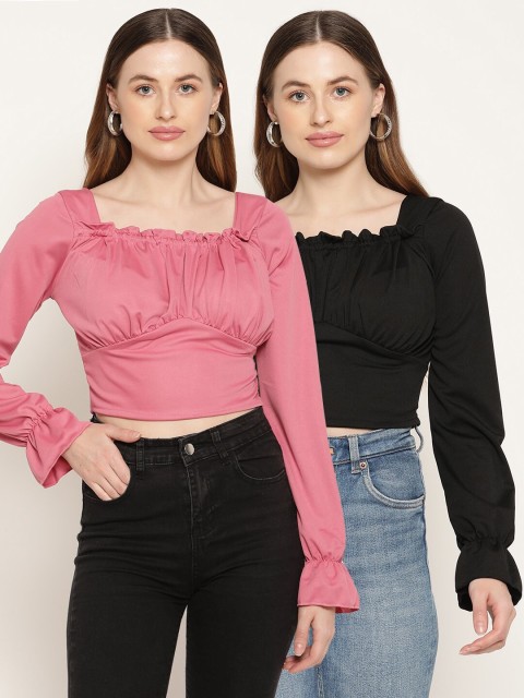 

Miaz Lifestyle Pack of 2 Pink & Black Solid Empire Crop Top