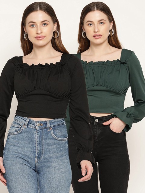 

Miaz Lifestyle Pack Of 2 Black & Green Puff Sleeves Crop Top