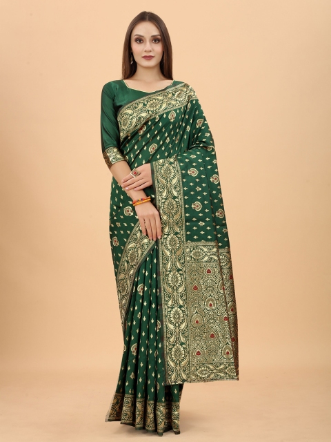 

WELL WORN Green & Gold-Toned Woven Design Zari Silk Cotton Banarasi Saree