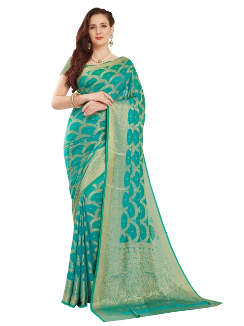 

Rani Saahiba Sea Green & Gold-Toned Woven Design Zari Pure Georgette Saree