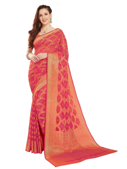 

Rani Saahiba Women Pink & Gold-Toned Ethnic Motifs Zari Pure Georgette Saree