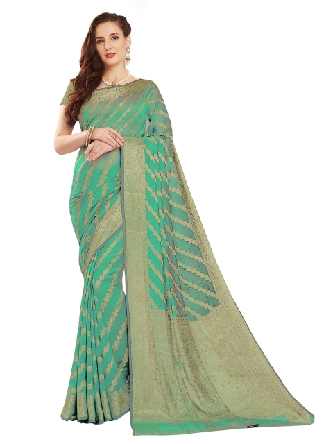 

Rani Saahiba Sea Green & Gold-Toned Ethnic Motifs Zari Pure Georgette Saree
