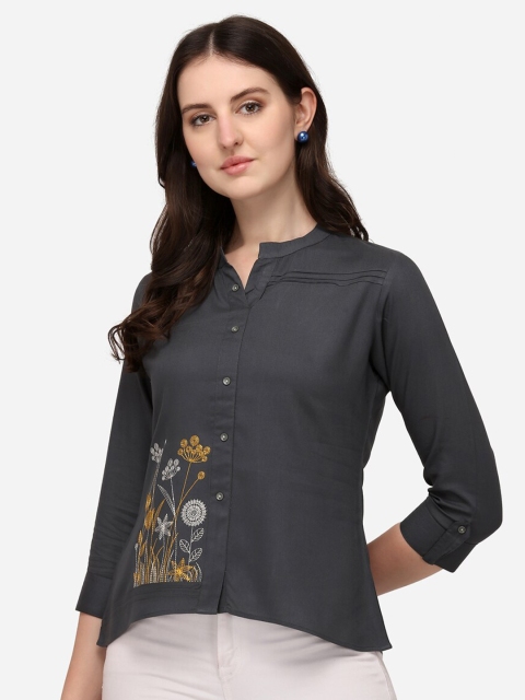 

Prettify Grey Floral Print Mandarin Collar Liva Shirt Style Top