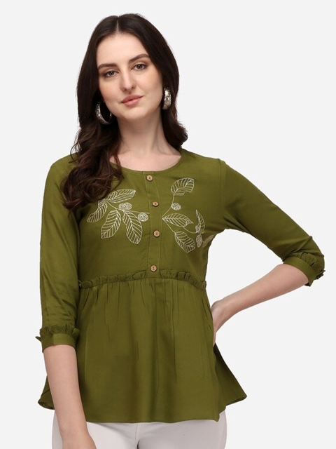 

Prettify Women Green Floral Embroidered Liva Empire Top