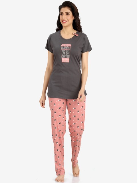 

Charak Women Grey & Peach Printed Top & Pyjama Nightsuits