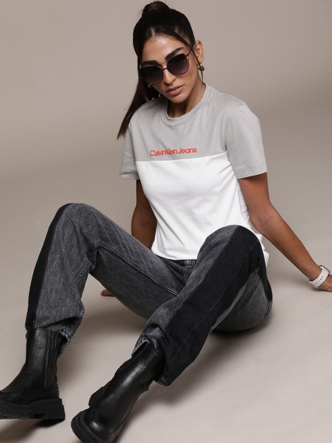 

Calvin Klein Jeans Women White & Grey Brand Logo Colourblocked Pure Cotton T-shirt