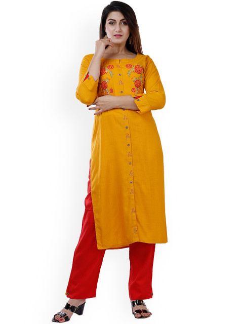 

KALINI Women Mustard Yellow Embroidered Pure Cotton Kurti with Palazzos