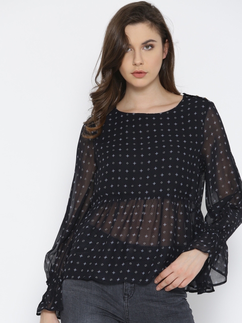 

MANGO Women Navy Printed Semi-Sheer A-Line Top, Navy blue