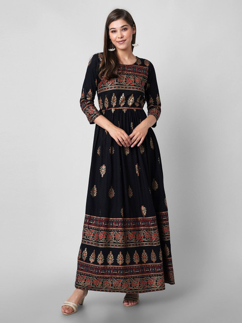 

PURSHOTTAM WALA Black & Gold-Toned Ethnic Motifs Ethnic Maxi Dress