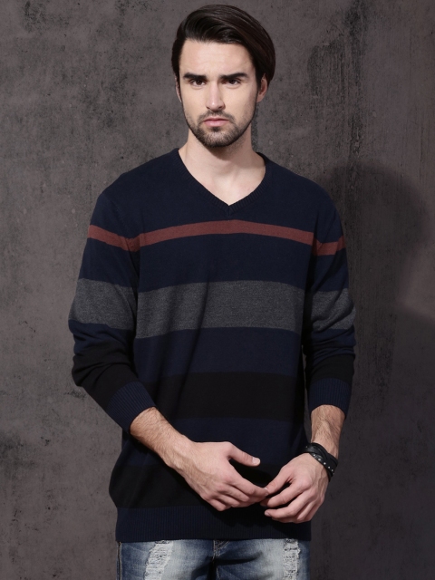 

Roadster Men Navy Blue & Charcoal Grey Striped Pullover