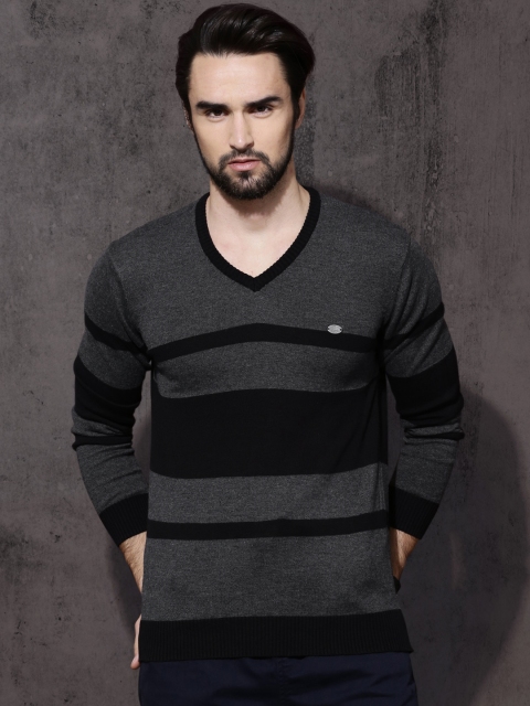 

Roadster Men Grey & Black Striped Pullover