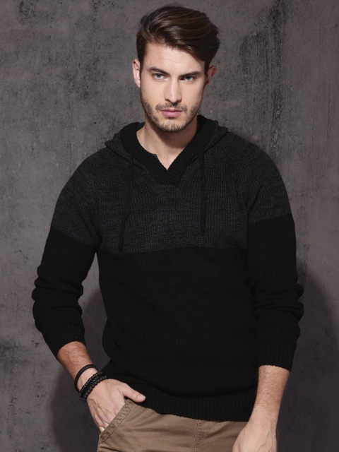 

Roadster Men Black & Charcoal Colourblocked Pullover