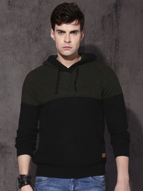 

Roadster Men Black & Olive Green Colourblocked Pullover