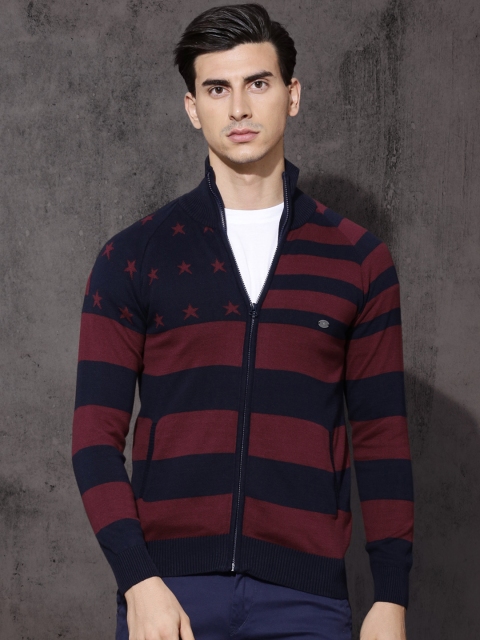 

Roadster Men Navy Blue & Maroon Striped Cardigan