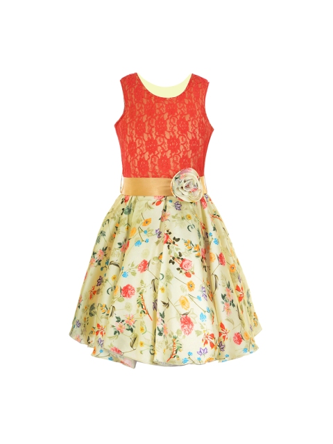 

naughty ninos Girls Beige & Coral Orange Printed Fit and Flare Dress