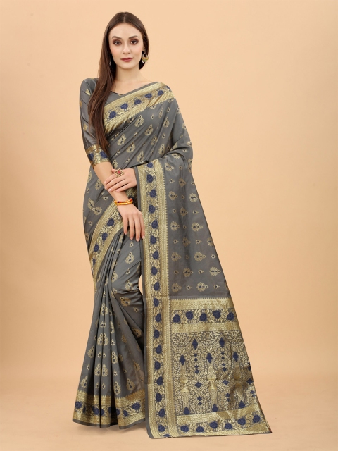 

WELL WORN Grey Woven Design Zari Silk CottonBanarasi Saree