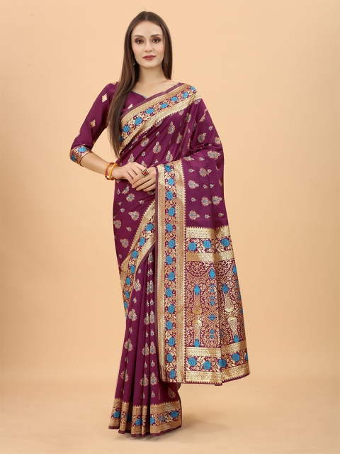 

WELL WORN Maroon & Blue Woven Design Zari Silk Cotton Ready to Wear Banarasi Saree