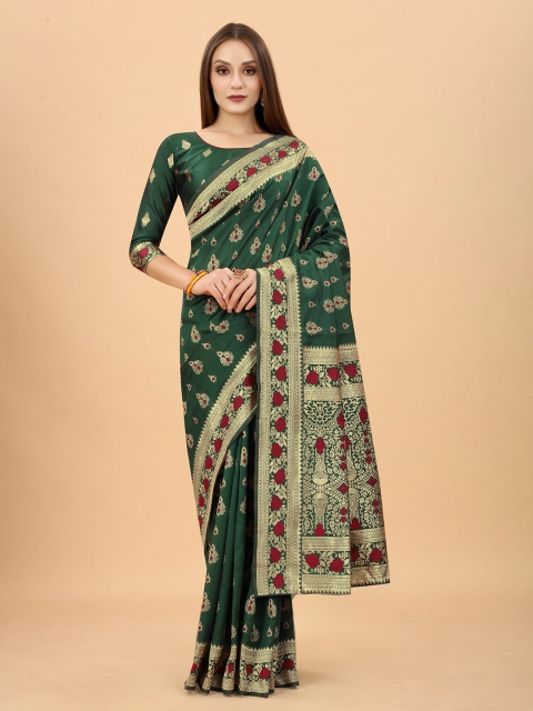 

WELL WORN Green & Red Woven Design Zari Silk Cotton Ready to Wear Banarasi Saree