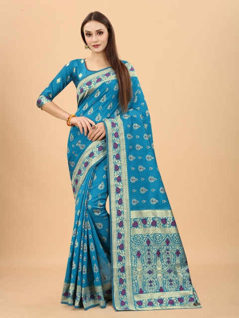

WELL WORN Blue & Gold-Toned Ethnic Motifs Zari Silk Cotton Banarasi Saree