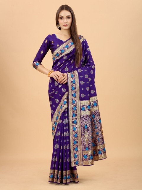 

WELL WORN Women Purple & Blue Woven Design Zari Silk Cotton Ready to Wear Banarasi Saree