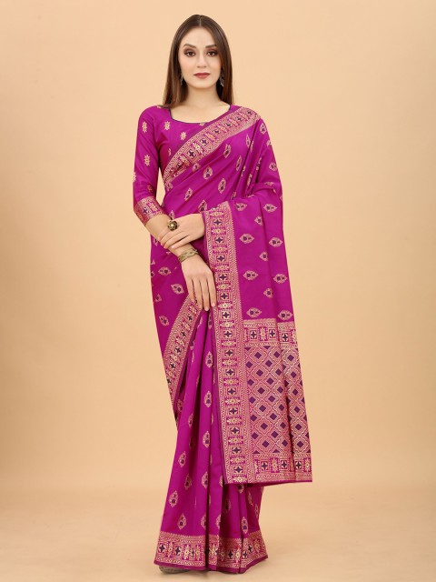 

WELL WORN Magenta & Gold-Toned Ethnic Motifs Zari Silk Cotton Banarasi Saree