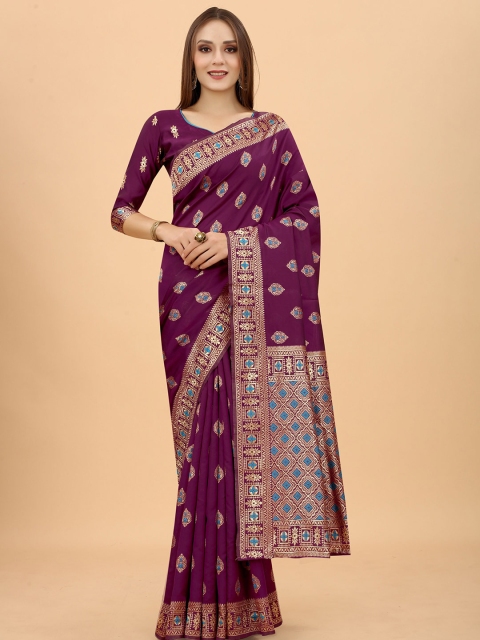 

WELL WORN Burgundy & Blue Ethnic Motifs Zari Silk Cotton Banarasi Saree