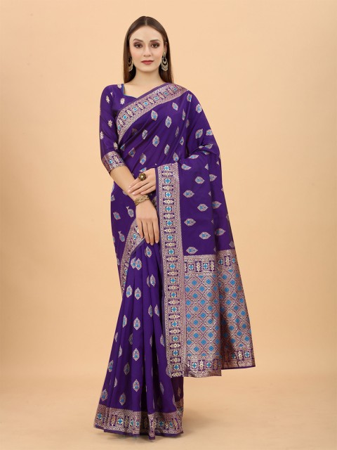 

WELL WORN Purple & Gold-Toned Ethnic Motifs Zari Silk Cotton Banarasi Saree