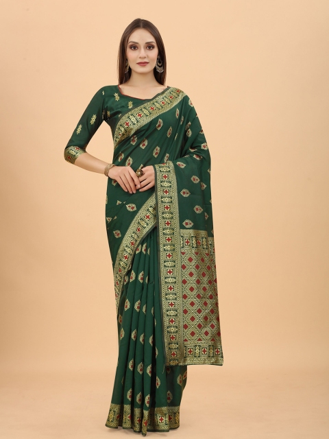 WELL WORN Green & Red Woven Design Zari Silk Cotton Ready to Wear Banarasi Saree