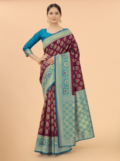 

WELL WORN Maroon & Blue Woven Design Zari Silk Cotton Banarasi Saree