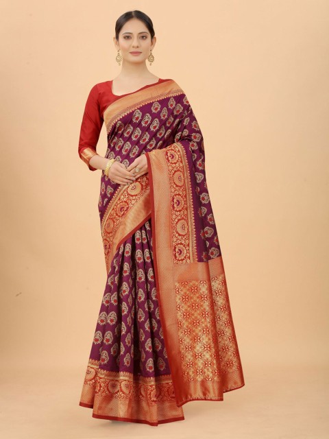 

WELL WORN Purple & Gold-Toned Woven Design Zari Silk Cotton Ready To Wear Banarasi Saree