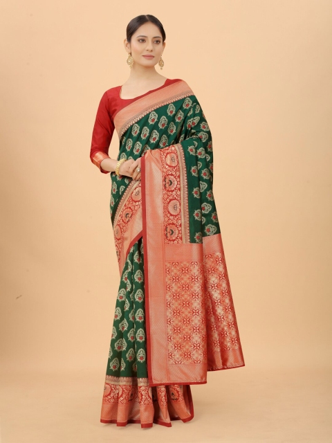 

WELL WORN Bottle Green & Red Woven Design Zari Silk Cotton Banarasi Saree