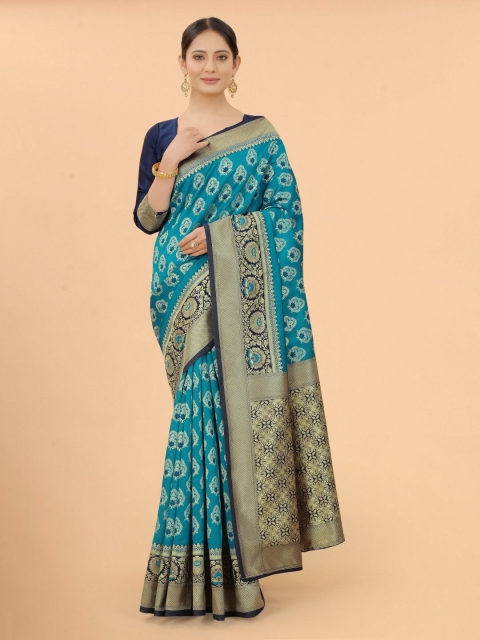WELL WORN Women Firozi Green & Gold-Toned Woven Design Silk Cotton Banarasi Saree