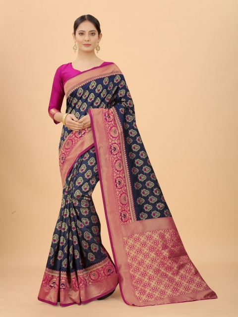 

WELL WORN Navy Blue & Fuchsia Ethnic Motifs Zari Silk Cotton Banarasi Saree