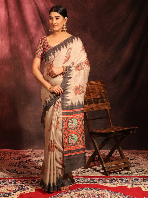 

MISHRI COLLECTION Off White & Grey Floral Pure Cotton Bandhani Saree