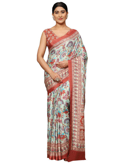 

MISHRI COLLECTION Lime Green & Red Floral Pure Silk Bandhani Saree
