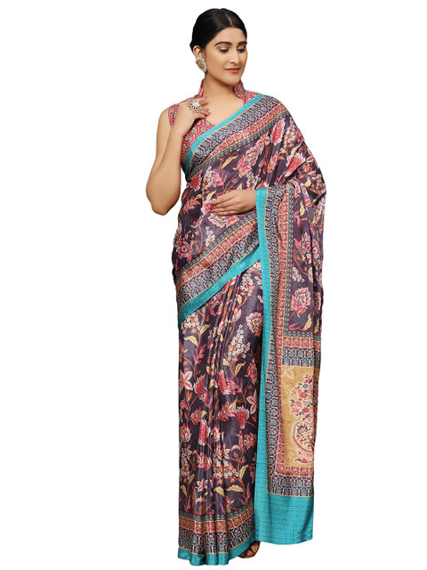 

MISHRI COLLECTION Blue & Pink Floral Pure Silk Saree