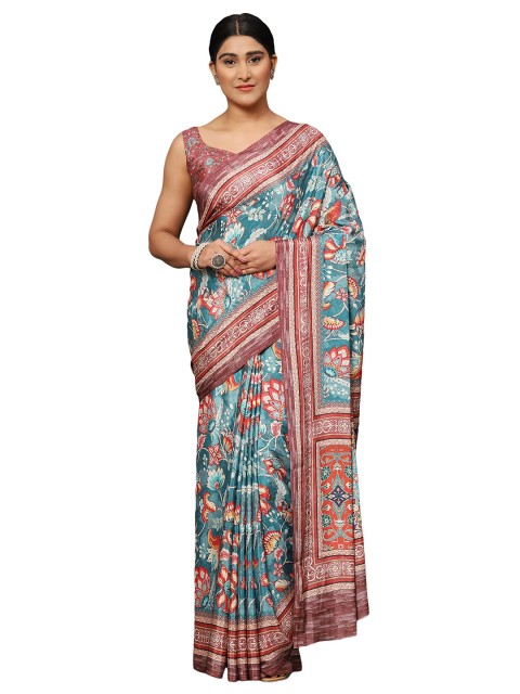 

MISHRI COLLECTION Blue & Orange Floral Pure Silk Bandhani Saree