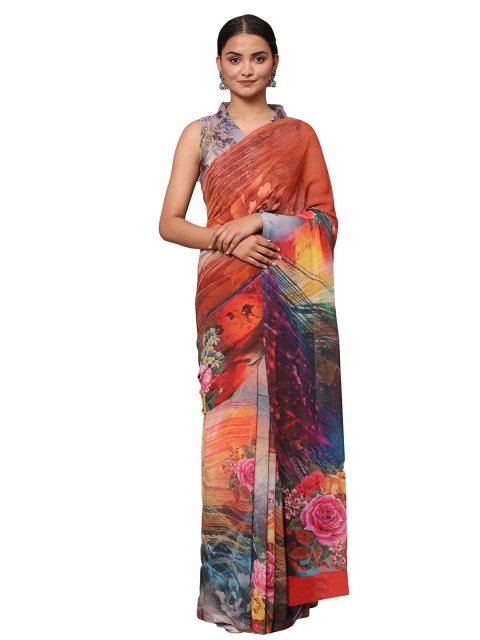 

MISHRI COLLECTION Black & Orange Floral Pure Georgette Bandhani Saree