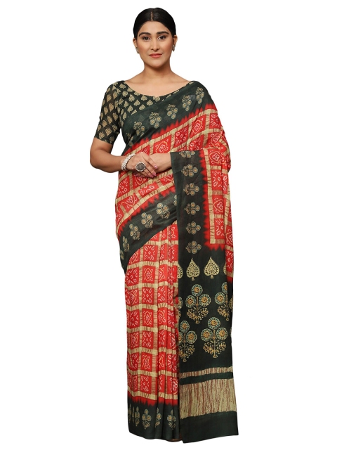 

MISHRI COLLECTION Red & Green Floral Pure Cotton Bandhani Saree