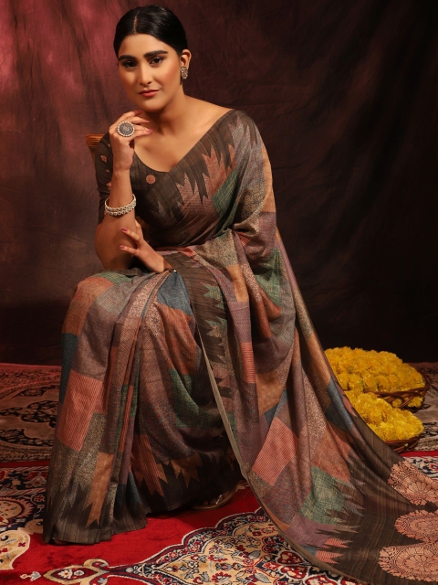 

MISHRI COLLECTION Brown & Pink Floral Pure Cotton Bandhani Saree