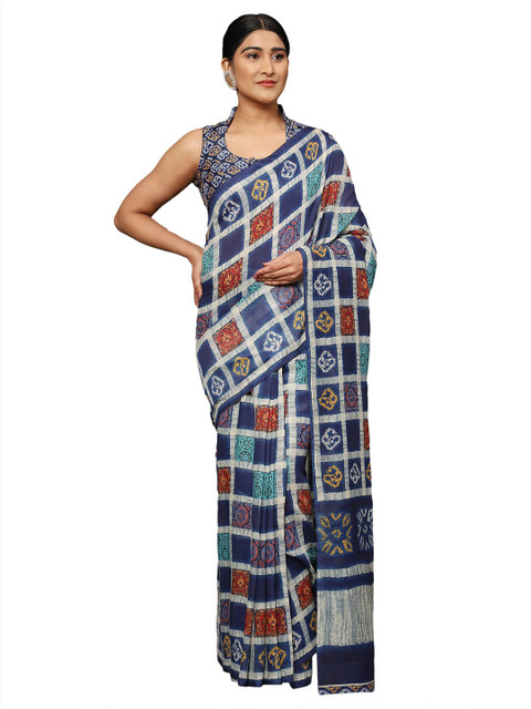 

MISHRI COLLECTION Navy Blue & Silver-Toned Floral Pure Cotton Bandhani Saree