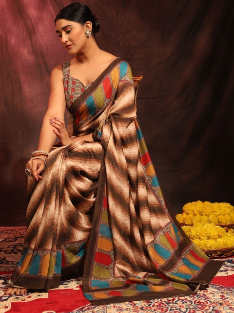 

MISHRI COLLECTION Brown & Green Floral Pure Cotton Saree