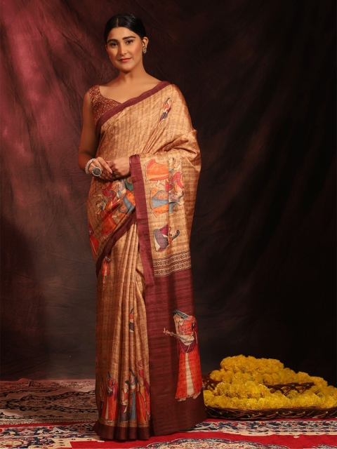 

MISHRI COLLECTION Maroon & Beige Floral Pure Cotton Bandhani Saree