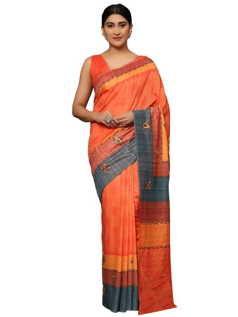 

MISHRI COLLECTION Orange & Blue Floral Pure Cotton Saree
