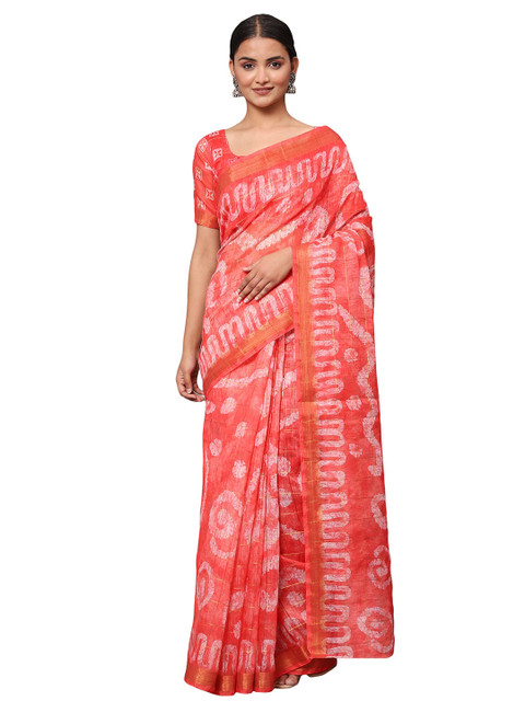 

MISHRI COLLECTION Peach-Coloured & White Printed Saree