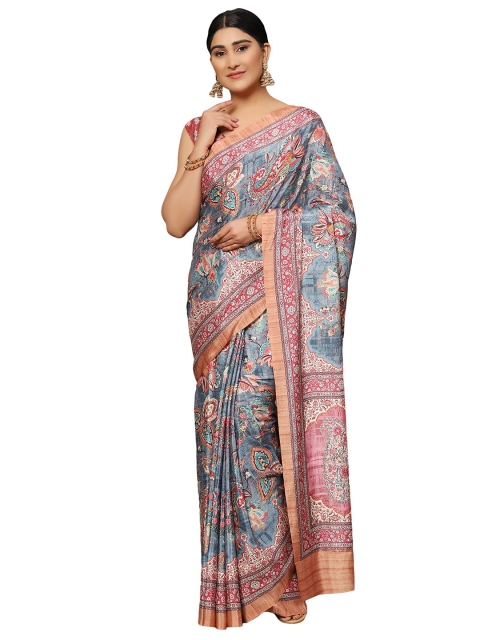 

MISHRI COLLECTION Blue & Peach-Coloured Floral Pure Silk Bandhani Saree