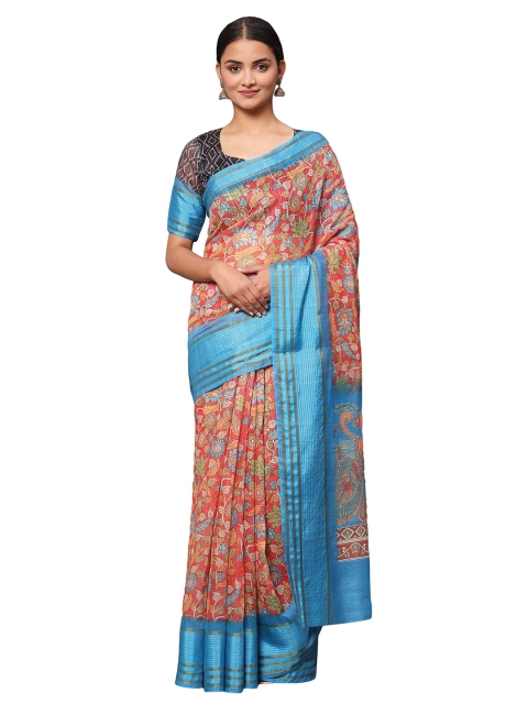 

MISHRI COLLECTION Blue & Orange Kalamkari Saree